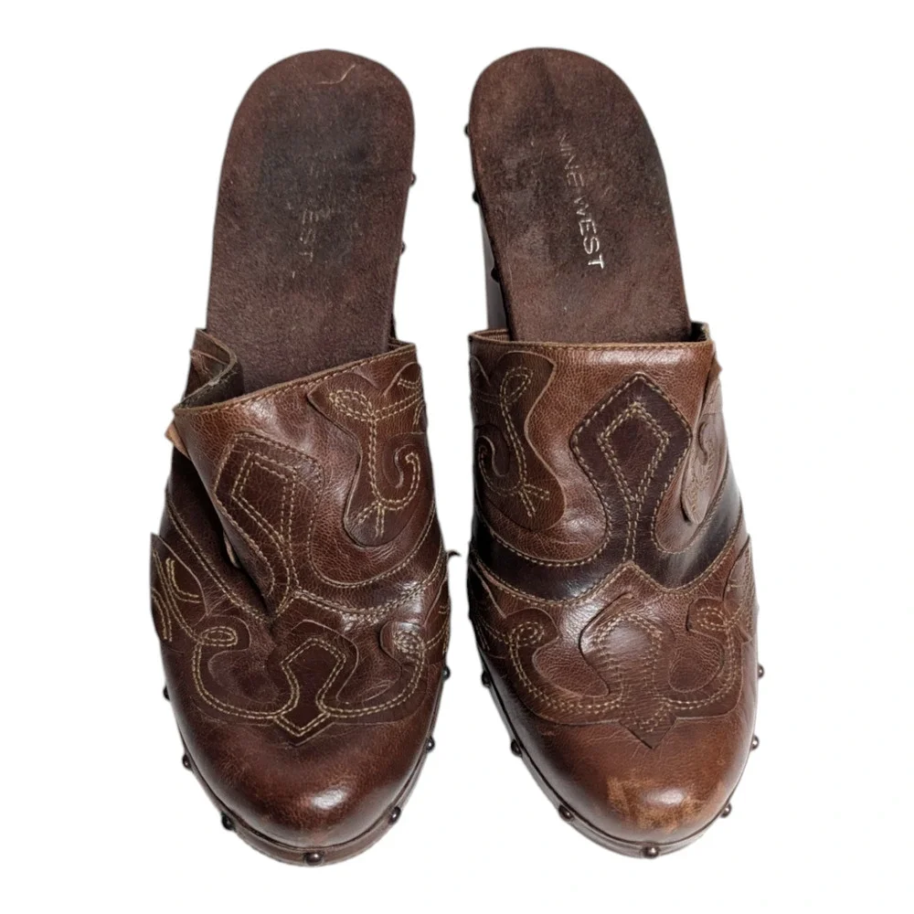 Nine West Luzio Womens‎ Size 8.5 Brown Leather Clogs Bootie Heels Western Cowboy